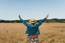 Вид ззаду на невпізнавану жінку в капелюсі, що стоїть на пшеничному полі з простягнутими руками в сонячний день — стокове фото