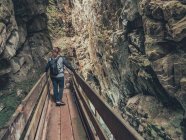 Visão traseira do turista feminino admirando a vista deslumbrante dos Alpes enquanto caminha no caminho de caminhada em Dolomites, Itália — Fotografia de Stock