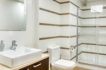 Інтер'єр ванної в мінімалістичному сучасному стилі, прикрашеному білою плиткою з душовою кабіною — стокове фото