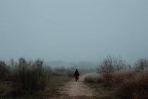 Dreamy woman in red dress walking along empty road of hazed mysterious terrain — Stock Photo