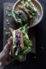 Von oben Hand mit leckerem Gua-Bao-Sandwich mit Speck, Erdnüssen und frischer Petersilie — Stockfoto
