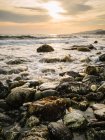 Malerischer Blick auf nasse Steine am ruhigen Meer gegen den Sonnenuntergang — Stockfoto