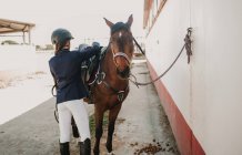 Visão traseira de anônimo jovem adolescente mulher em jockey capacete e casaco acariciando cavalo de pé juntos ao ar livre — Fotografia de Stock