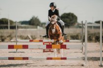 Подростковый жокей на лошади перепрыгивает через горизонтальные деревянные решетки во время езды по ипподрому — стоковое фото