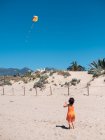 Vista trasera de la niña corriendo en la playa con cometa voladora en el fondo del cielo azul - foto de stock