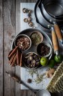 Top view of mixed dry spices and mushrooms composed on marble board for cooking Pho soup — Stock Photo