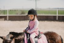 Small girl in dress and jockey hay sitting on horse while learning to ride on racetrack — Stock Photo