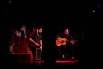 Hispanic men playing percussion and acoustic guitar during flamenco performance on dark stage — Stock Photo