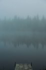 Píer envelhecido intempérie localizado perto de água calma no dia nebuloso no pântano na Finlândia — Fotografia de Stock