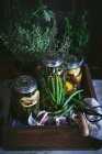Composizione di pianta in vaso, limoni e barattolo di vetro con fagiolini crudi in scatola di legno — Foto stock