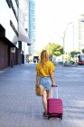 Back view of young female tourist with suitcase walking on street — Stock Photo