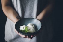 Female hands holding bowl with stracciatella ice cream balls decorated with mint leaves — Stock Photo