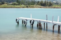 Abbandonato molo distrutto in acqua cristallina, Calcidica, Grecia — Foto stock