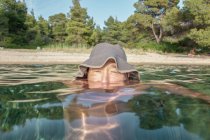 Лоб плавающего человека полностью погружен в воду, глядя на камеру в солнечный день, Халкидики, Греция — стоковое фото