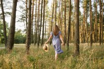 Back view of carefree adult woman in straw hat and sundress walking along forest road between pines at sunny day — Stock Photo