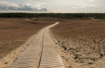Wooden pathway among dry rural empty field on sunny summer day — Stock Photo