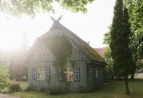 Hermosa casa azul de madera con techo a dos aguas cubierto de hiedra en el campo verde al atardecer - foto de stock