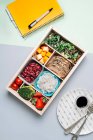 Коробка с диетическими ингредиентами по копирайту и тарелке — стоковое фото