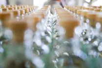 Linhas desfocadas de garrafas de vidro com tampas à luz do dia — Fotografia de Stock