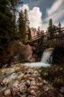 Fond rocheux avec ruisseau d'eau coulant sous un pont en bois à travers la forêt sombre dans les montagnes par temps nuageux dans Dolomites, Italie — Photo de stock