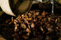 Astillas de madera quemada en hierro triturador de mala calidad en la producción de bebidas - foto de stock