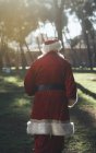 Visão traseira de homem idoso irreconhecível em traje de Papai Noel andando na natureza em dia ensolarado — Fotografia de Stock