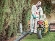 Man in uniform for fumigation and respiratory mask taking green hose from yellow tank on wheel for disinfection process — Stock Photo