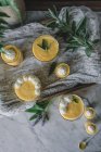 Savoureuse mousse de mangue aromatique dans des verres décorés avec des feuilles sur la nappe — Photo de stock