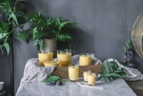 Savoureuse mousse de mangue aromatique dans des verres sur plateau en marbre blanc — Photo de stock