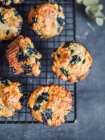 Homemade vegan blueberry muffins on cooling rack over dark background. Vertical. Top view or flat lay. — Stock Photo