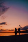 Вид сзади анонимных женщин с воздушными шарами, держащимися за руки и идущими вдоль берега во время красивого заката — стоковое фото
