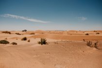 Sentieri dalle ruote dei veicoli sulle dune sabbiose nel deserto arido la giornata di sole in Marocco — Foto stock