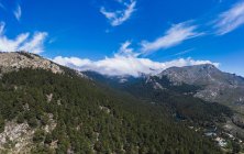 Вид с воздуха на красивый пейзаж, голубое облачное небо и озера, окруженные лесами и горами — стоковое фото