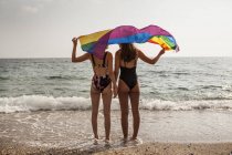 Visão traseira do casal lésbico em pé na praia com bandeira colorida do movimento LGBT durante as férias de verão — Fotografia de Stock
