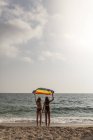 Vista trasera de pareja de lesbianas de pie en la playa con colorida bandera del movimiento LGBT durante las vacaciones de verano - foto de stock