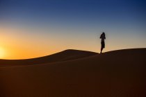 Side view of unrecognizable tourist with outstretched arms standing against bright cloudless sundown sky in desert — Stock Photo