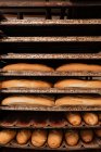 Loafs de pão fresco gostoso e pães colocados em bandejas de metal em rack na padaria — Fotografia de Stock