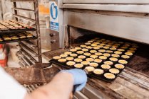 Crop man peeking inside professional oven while working in bakery — Stock Photo