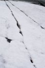 Gros plan de la surface rocheuse traitée avec fissures et rayures recouvertes de neige — Photo de stock