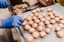 From above unrecognizable confectioner decorating pink pastry on tray while working in bakery — Stock Photo