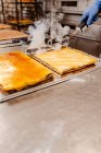 Anonyme cuisinier renverser la poudre de sucre de la pelle sur le gâteau savoureux tout en travaillant dans la cuisine de la boulangerie — Photo de stock