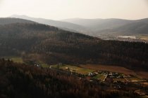 Von oben dichter dunkler Wald rund um ein kleines Dorf mit bunten Häusern und sonnenbeschienenen Hügeln in Südpolen am Tag — Stockfoto