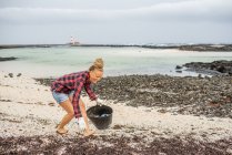 Mulher hipster positivo em roupas casuais e luvas coletando lixo em saco enquanto agachamento na praia deserta — Fotografia de Stock