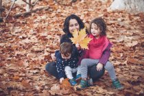 Взрослая женщина с милыми детьми собирает и исследует опавшие листья клена, сидя на земле в осеннем парке — стоковое фото