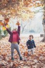 Cute little girls collecting, examining and playing with fallen maple leaves in autumn park — Stock Photo