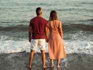 Rückansicht des Paares, das sich an den Händen hält und auf das winkende Meer blickt — Stockfoto