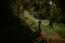 Ganzkörper-Seitenansicht erwachsene Frau in Kleid, die in die Kamera schaut, während sie in der Nähe eines grasbewachsenen Hügels im grünen Wald steht — Stockfoto
