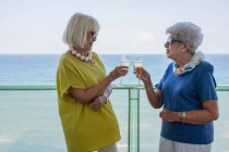 Glückliche Frauen in eleganten Outfits prosten sich zu und genießen Wein, während sie auf dem Hotelbalkon am Meer am Urlaubsort stehen — Stockfoto