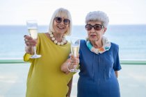 Glückliche Frauen in eleganten Outfits prosten sich zu und genießen Wein, während sie auf dem Hotelbalkon am Meer am Urlaubsort stehen — Stockfoto