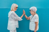 Side view of laughing modern cheerful elderly grey-haired women in sunglasses giving high five — Stock Photo